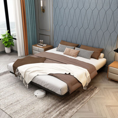 Modern Floating Bed Frame Without Headboard for Apartment with Duvet Cover