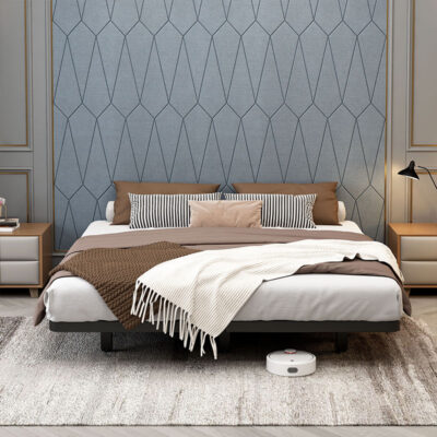 Modern Floating Bed Frame Without Headboard for Apartment with Duvet Cover