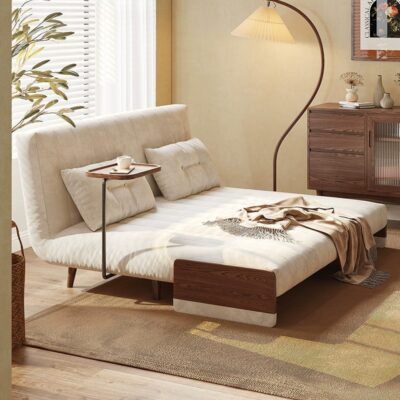 Rustic solid wood foldable sofa bed converting between single and double for small apartments