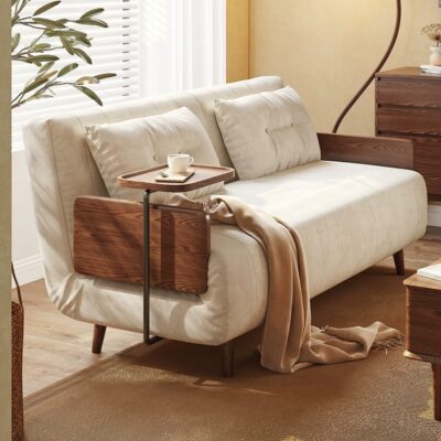 Rustic solid wood foldable sofa bed converting between single and double for small apartments