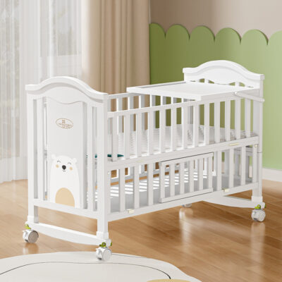 Solid Wood Multifunctional Baby Crib with Wheels and Cradle Mode for Newborns