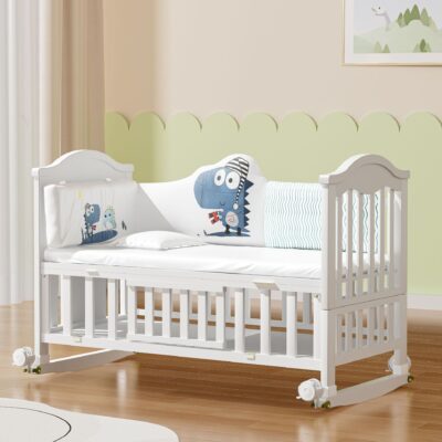 Solid Wood Multifunctional Baby Crib with Wheels and Cradle Mode for Newborns