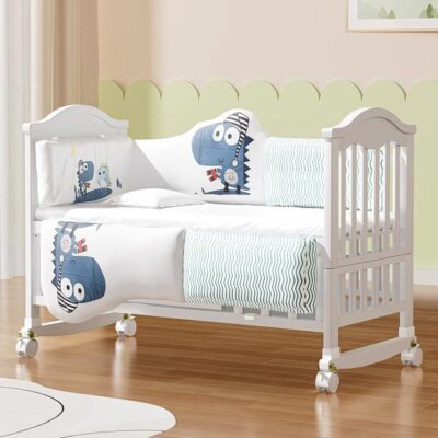 Solid Wood Multifunctional Baby Crib with Wheels and Cradle Mode for Newborns