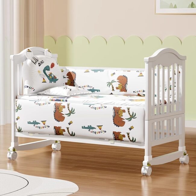 Solid Wood Multifunctional Baby Crib with Wheels and Cradle Mode for Newborns