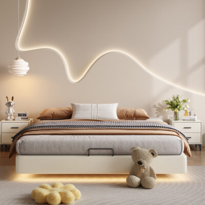 Solid Wood Floating Platform Bed Frame Without Headboard with Duvet Cover