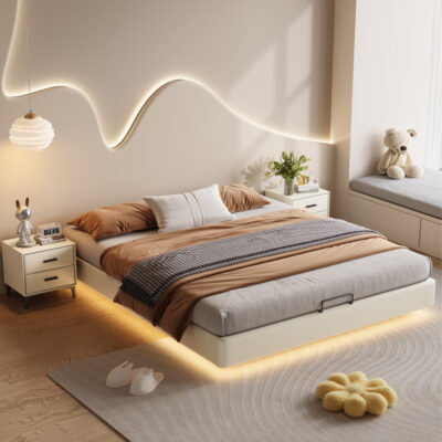 Solid Wood Floating Platform Bed Frame Without Headboard with Duvet Cover