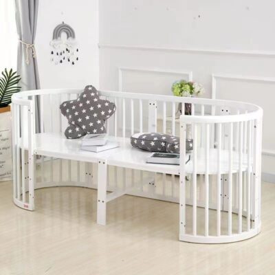 White Oval Baby Crib Convertible to Kids Sofa, Study Desk and Play Bed