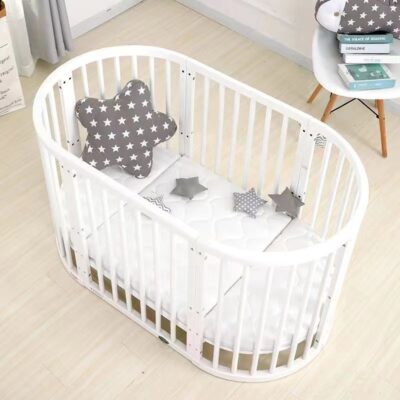White Oval Baby Crib Convertible to Kids Sofa, Study Desk and Play Bed