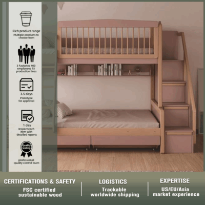 Solid wood bunk bed with stairs