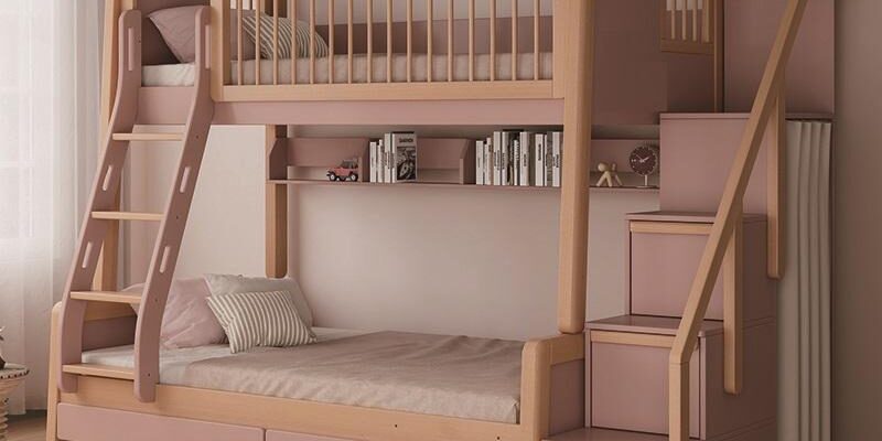 Solid wood bunk bed with stairs