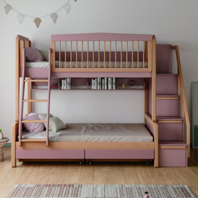 Solid wood bunk bed with stairs