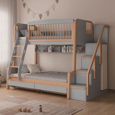 Solid wood bunk bed with stairs