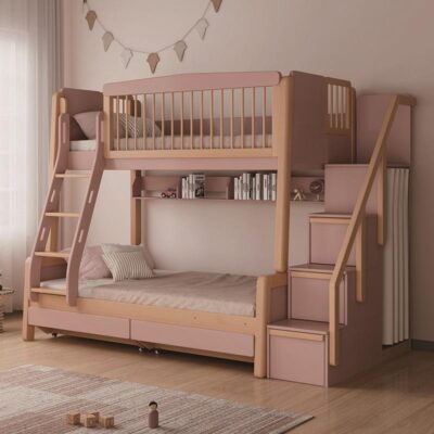 Solid wood bunk bed with stairs