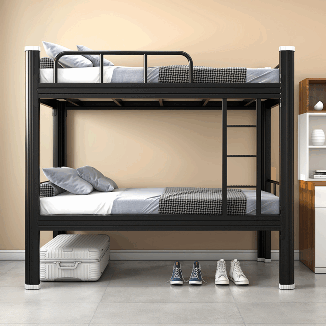 Modern hostel bunk bed with storage