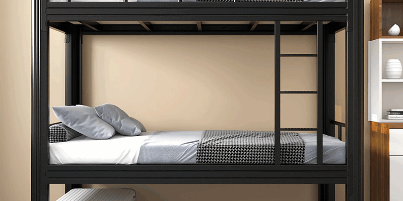 Modern hostel bunk bed with storage
