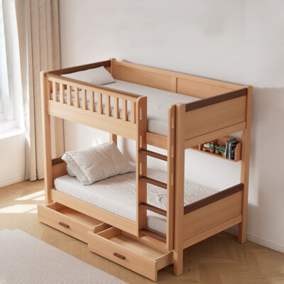 Modern hostel bunk bed with storage stairs