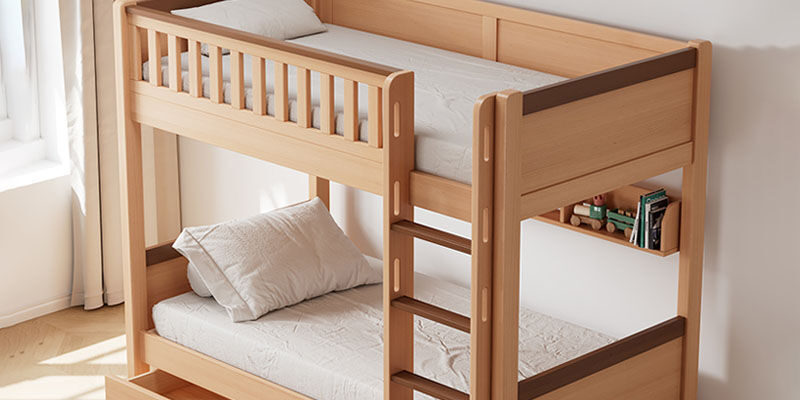 Modern hostel bunk bed with storage stairs