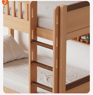 Modern hostel bunk bed with storage stairs
