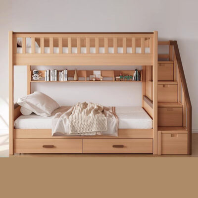Modern hostel bunk bed with storage stairs