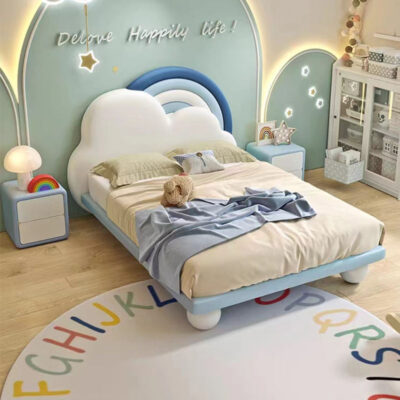 solid wood kids bed with leather