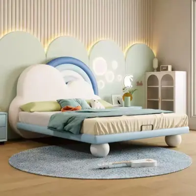 solid wood kids bed with leather