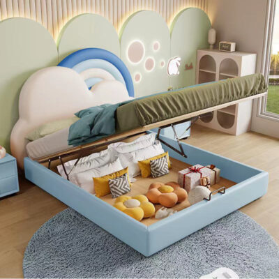 solid wood kids bed with leather
