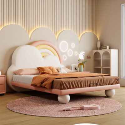 solid wood kids bed with leather