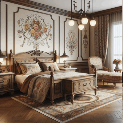 Rustic carved wooden bed for bohemian