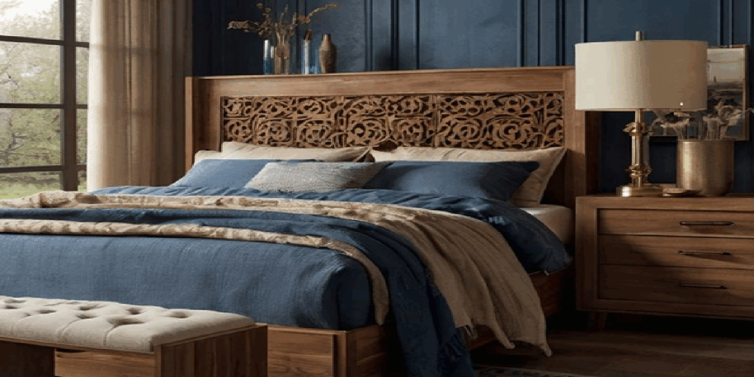 Rustic carved wooden bed for bohemian