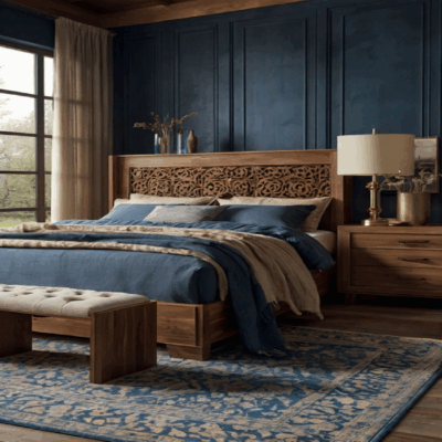 Rustic carved wooden bed for bohemian