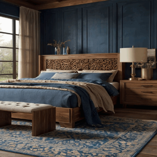 Rustic carved wooden bed for bohemian