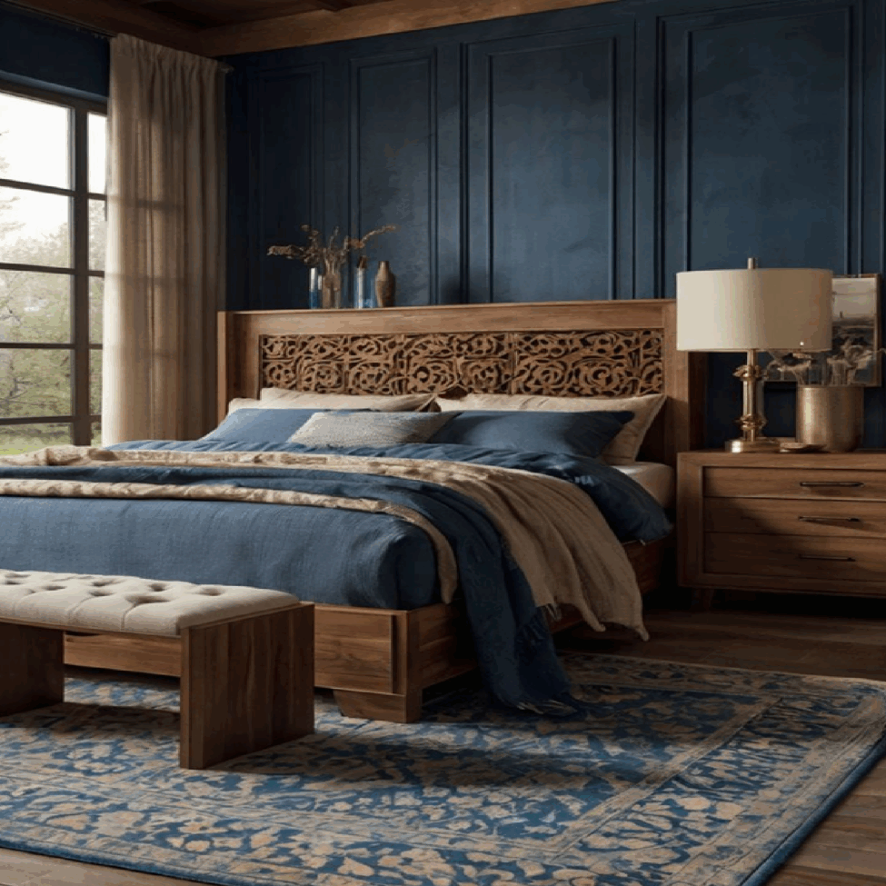 Rustic carved wooden bed for bohemian