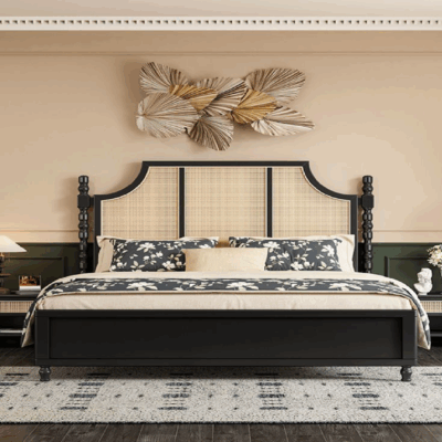 Rustic carved wooden bed for bohemian