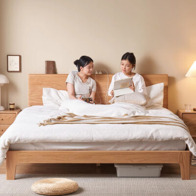 Modern design solid oak wood bed