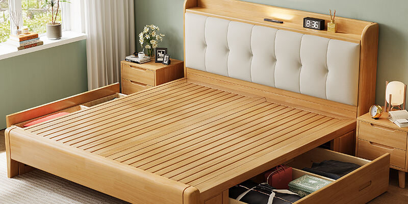 Nordic solid wood bed with storage