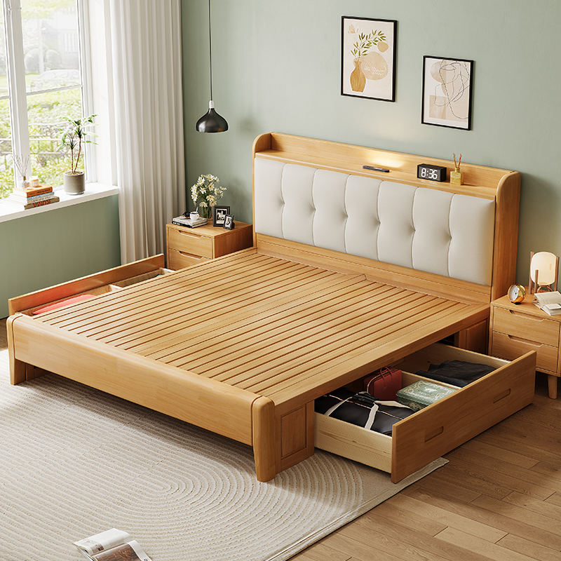 Nordic solid wood bed with storage