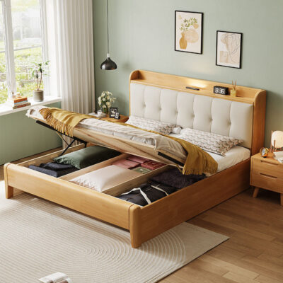 Nordic solid wood bed with storage